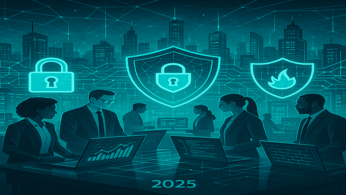 Futuristic cybersecurity professionals analyzing data on holographic screens in a high-tech urban environment, surrounded by symbols of cyber security like computers and shields.