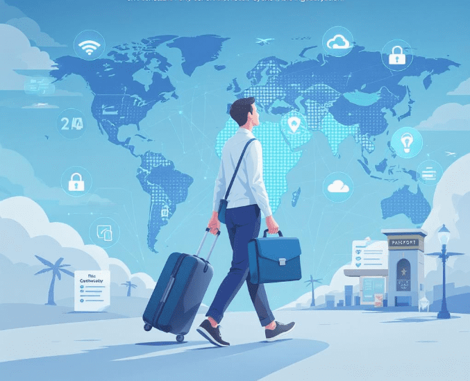 Traveler surrounded by cybersecurity icons like VPN, antivirus, and password manager, symbolizing essential digital safety tools while on the move.