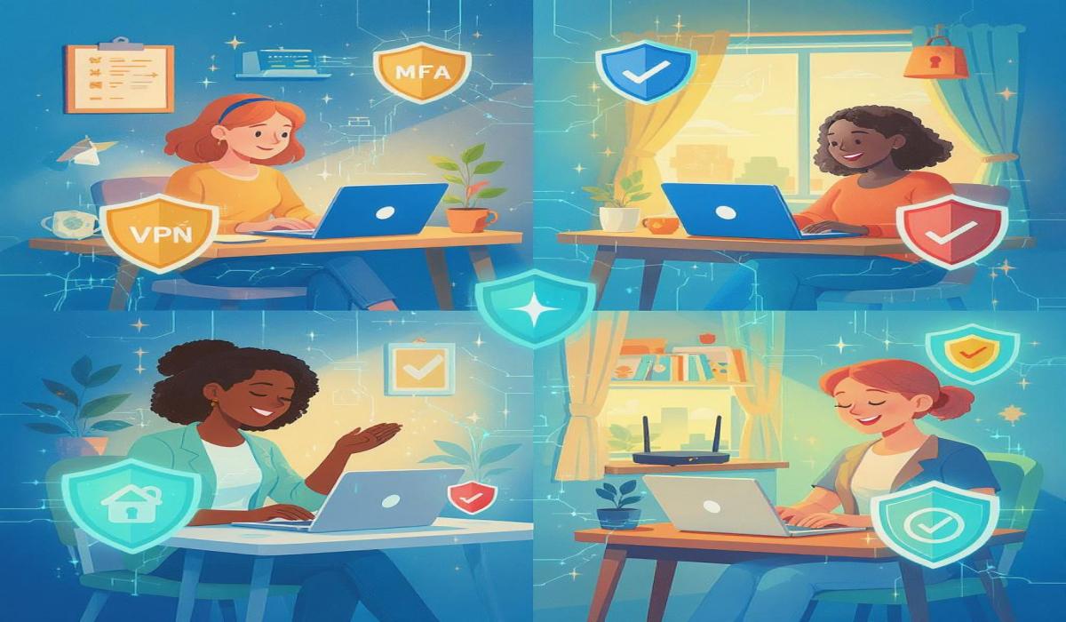 Infographic illustrating the top 7 cybersecurity threats faced by remote workers in 2025, including phishing, AI-powered attacks, ransomware, unsecured Wi-Fi, weak credentials, malware, and remote desktop exploits, with practical tips to stay safe.