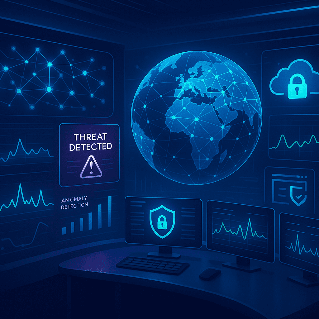 Cybersecurity monitoring dashboard displaying real-time threat detection, incident response status, and security analytics for continuous network and infrastructure monitoring